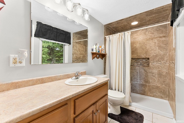10317 Bass Rd, Fort Wayne, IN 46818 - full bath featuring vanity, toilet, tile patterned floors, tiled shower, and a textured ceiling