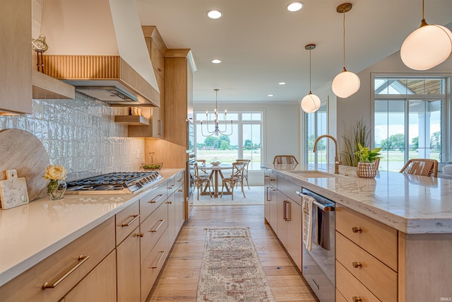 2909 Lake Dr, Newburgh, IN 47630 - kitchen featuring custom exhaust hood, stainless steel appliances, a sink, light brown cabinets, and recessed lighting