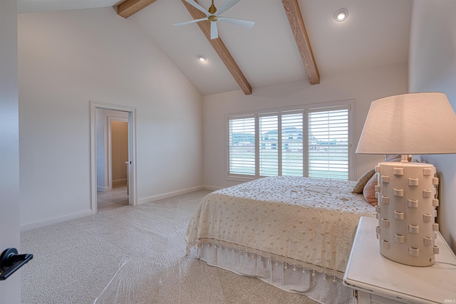 2909 Lake Dr, Newburgh, IN 47630 - carpeted bedroom featuring beamed ceiling, baseboards, recessed lighting, high vaulted ceiling, and ceiling fan