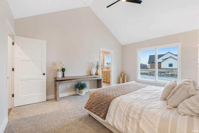 2088 Seward Lake Pass, Fort Wayne, IN 46814 - bedroom with high vaulted ceiling, light carpet, baseboards, and ceiling fan