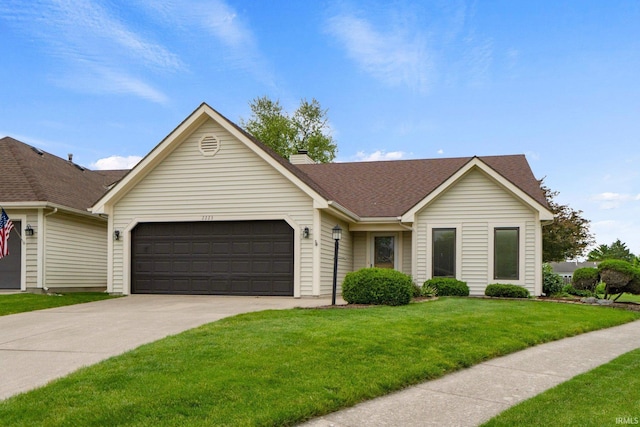 2223 Old Auburn Cv, Fort Wayne, IN 46845 - single story home with a garage, a front lawn, concrete driveway, a shingled roof, and a chimney
