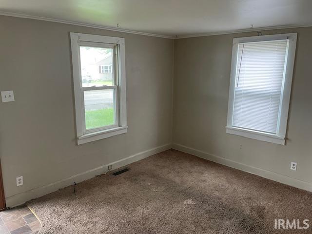3007 S Hackley St, Muncie, IN 47302 - spare room with healthy amount of natural light, crown molding, carpet flooring, and baseboards