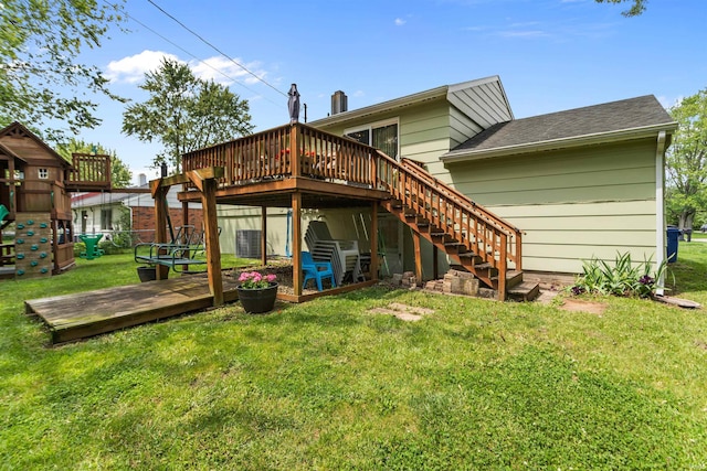 1804 Saint Charles Ct, Kokomo, IN 46902 - rear view of house with a wooden deck, stairway, cooling unit, and a shingled roof