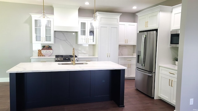 2022 W Blackberry Trl, Warsaw, IN 46582 - kitchen with appliances with stainless steel finishes, decorative backsplash, glass insert cabinets, dark wood-type flooring, and recessed lighting