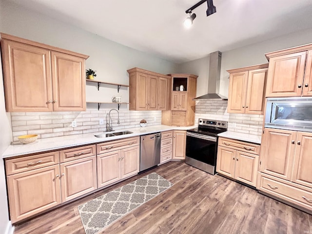 604 W Franklin St, Colfax, IN 46035 - kitchen featuring open shelves, stainless steel appliances, wall chimney range hood, and light brown cabinetry