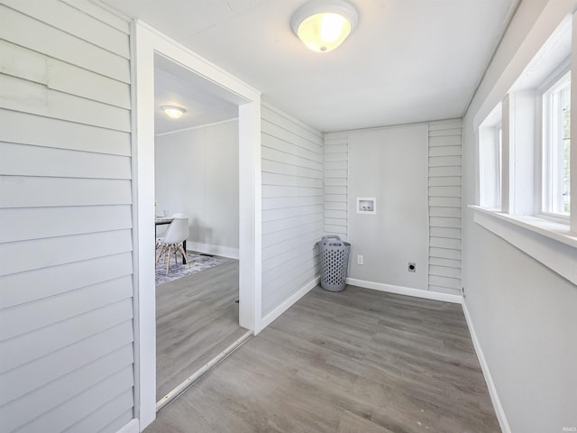 290 NW G St, Linton, IN 47441 - laundry area featuring electric dryer hookup, washer hookup, baseboards, and wood finished floors