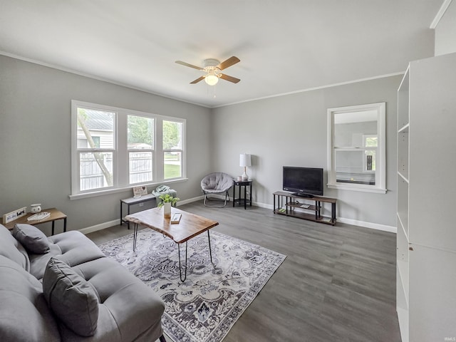 290 NW G St, Linton, IN 47441 - living area featuring baseboards, a ceiling fan, wood finished floors, and crown molding
