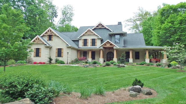 113 Lakewood Dr, Vincennes, IN 47591 - craftsman-style house featuring a porch, a chimney, a front yard, and a shingled roof