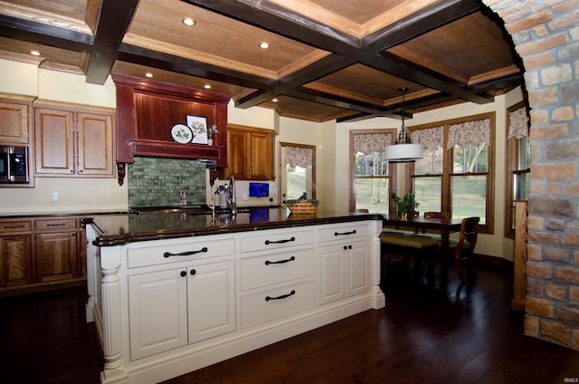 113 Lakewood Dr, Vincennes, IN 47591 - kitchen featuring coffered ceiling, dark wood-type flooring, beam ceiling, tasteful backsplash, and dark countertops