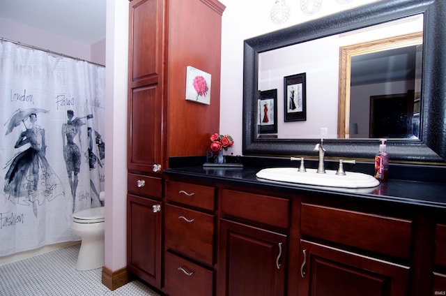 113 Lakewood Dr, Vincennes, IN 47591 - bathroom featuring toilet, vanity, a shower with curtain, and tile patterned flooring