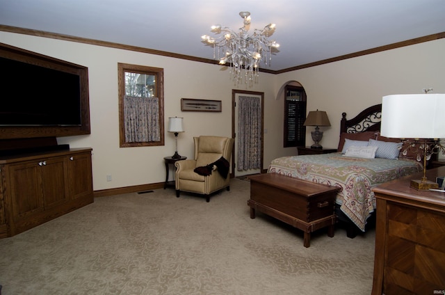 113 Lakewood Dr, Vincennes, IN 47591 - bedroom featuring light carpet, a chandelier, arched walkways, baseboards, and crown molding