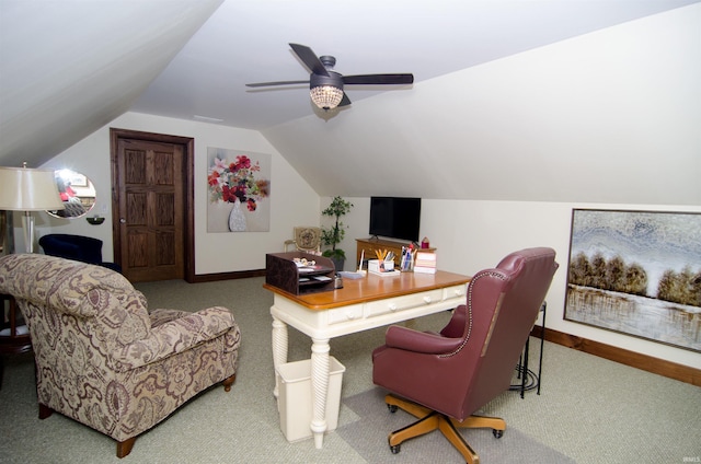 113 Lakewood Dr, Vincennes, IN 47591 - home office with carpet floors, vaulted ceiling, a ceiling fan, and baseboards