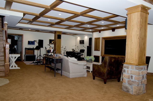 113 Lakewood Dr, Vincennes, IN 47591 - living area featuring ornate columns, light carpet, coffered ceiling, recessed lighting, and beam ceiling