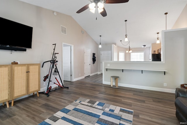 1606 Waverly Dr, Lafayette, IN 47909 - unfurnished living room featuring ceiling fan, dark wood-type flooring, baseboards, and high vaulted ceiling