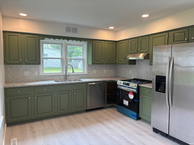 6701 E Hickory Ln, Muncie, IN 47303 - kitchen featuring green cabinets, appliances with stainless steel finishes, a sink, under cabinet range hood, and light stone counters