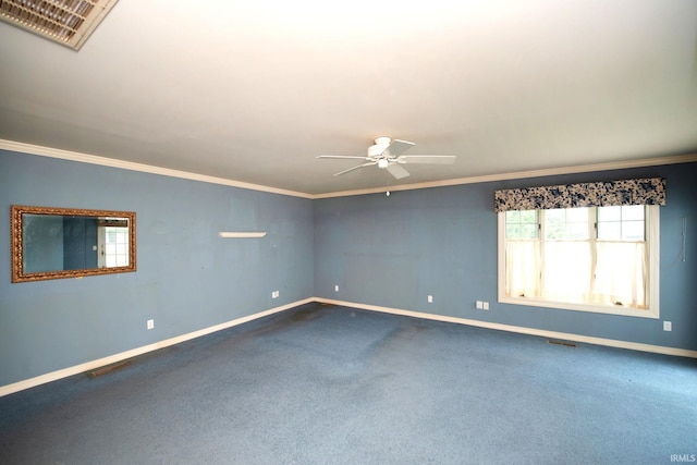 1301 E 4th St, Fowler, IN 47944 - spare room featuring ceiling fan, baseboards, crown molding, and dark colored carpet