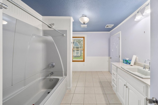 51662 Kenilworth Rd, South Bend, IN 46637 - full bathroom featuring shower / bath combination, vanity, a textured ceiling, tile patterned floors, and wainscoting