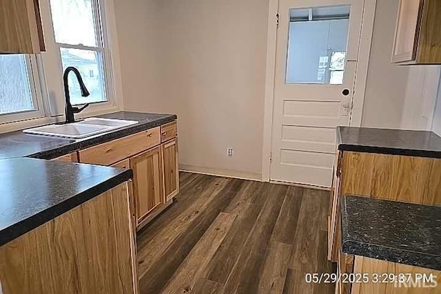 121 Altgeld St, South Bend, IN 46614 - kitchen with a sink, dark countertops, dark wood-type flooring, and brown cabinets