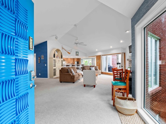 10660 N Southshore Dr Unit D3, Syracuse, IN 46567 - carpeted living area featuring lofted ceiling, a ceiling fan, and recessed lighting