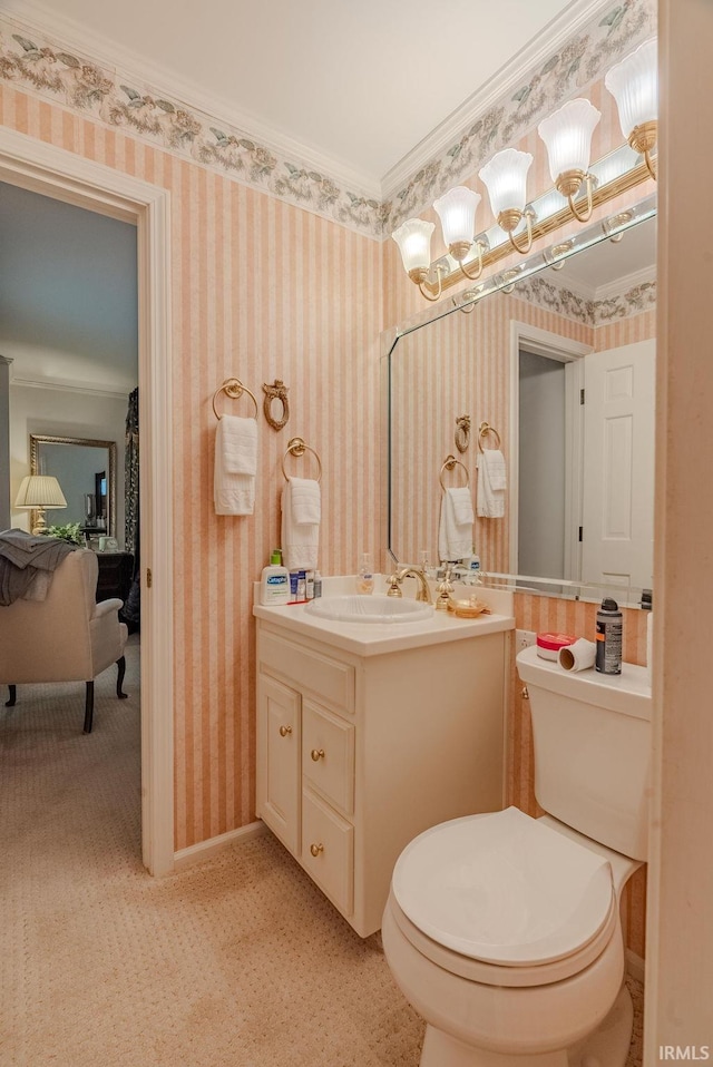 1023 Sunset Dr, Wabash, IN 46992 - bathroom featuring vanity, crown molding, toilet, and wallpapered walls