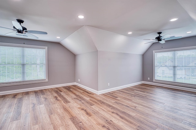 1595 Victoria Woods Dr, Boonville, IN 47601 - additional living space with ceiling fan, vaulted ceiling, baseboards, light wood-style flooring, and recessed lighting