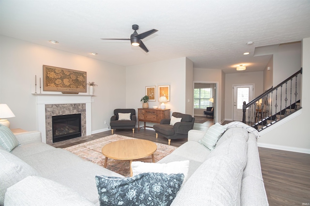 2184 Ringneck Rd, West Lafayette, IN 47906 - living area featuring wood finished floors, baseboards, stairs, ceiling fan, and recessed lighting