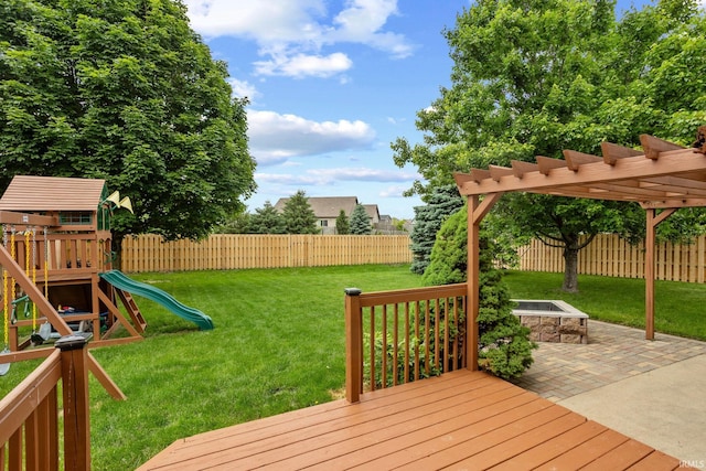 2034 Windflower Pl, West Lafayette, IN 47906 - wooden deck with a playground, a patio, and a fire pit