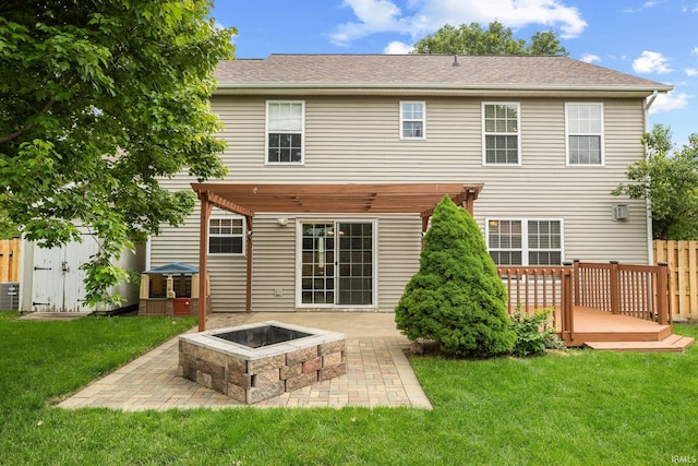 2034 Windflower Pl, West Lafayette, IN 47906 - rear view of house with a fire pit, a pergola, a deck, a patio, and roof with shingles