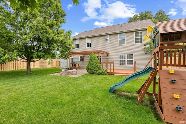 2034 Windflower Pl, West Lafayette, IN 47906 - back of house featuring an outdoor fire pit, a playground, a patio area, and a pergola