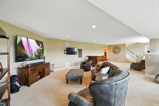 101 Twin Eagles Blvd W, Huntertown, IN 46748 - living area with carpet flooring, stairs, baseboards, and recessed lighting