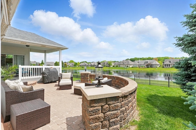 101 Twin Eagles Blvd W, Huntertown, IN 46748 - view of patio featuring a water view, an outdoor living space, a grill, and a residential view