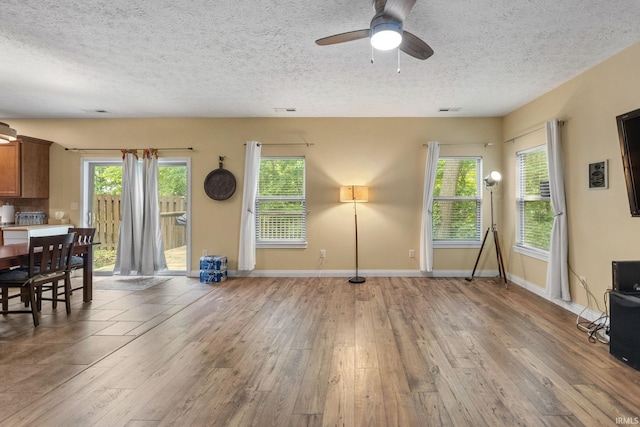 4665 S 150 E, Lafayette, IN 47909 - unfurnished living room featuring light wood-style floors, a textured ceiling, ceiling fan, baseboards, and healthy amount of natural light