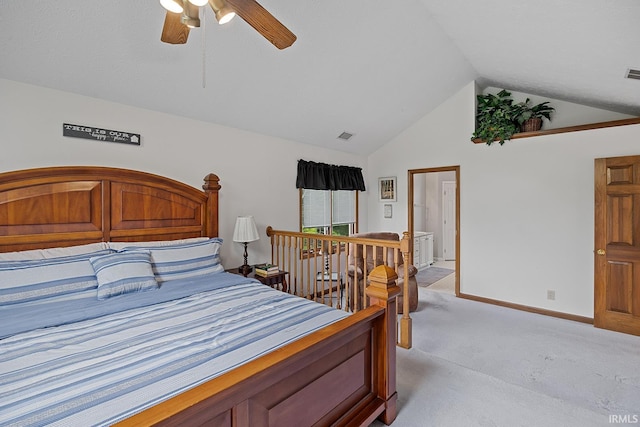 56 Jester Ct, Lafayette, IN 47905 - bedroom with light carpet, vaulted ceiling, baseboards, and ceiling fan