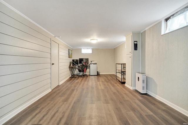 2012 Clayton Ave, Evansville, IN 47715 - exercise area featuring wood finished floors, wooden walls, ornamental molding, and baseboards