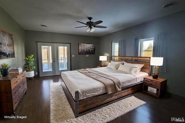1230 S Iron Mountain Rd, Bloomfield, IN 47424 - bedroom with dark wood finished floors, access to outside, french doors, and ceiling fan