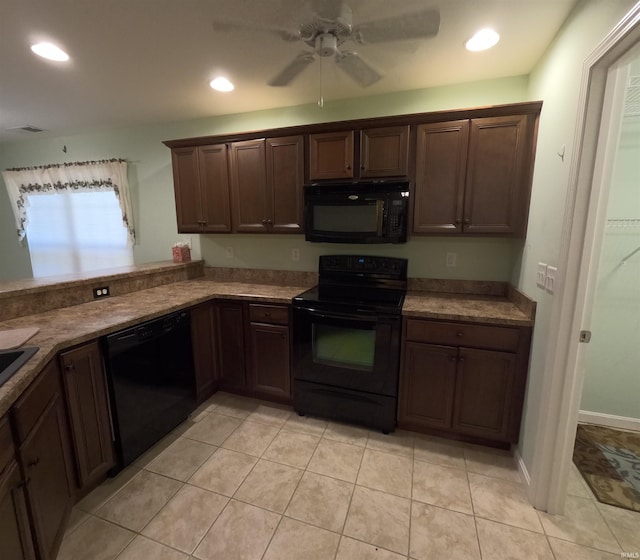 3408 Fox Ct, Evansville, IN 47711 - kitchen featuring black appliances, a ceiling fan, light tile patterned floors, recessed lighting, and dark brown cabinets