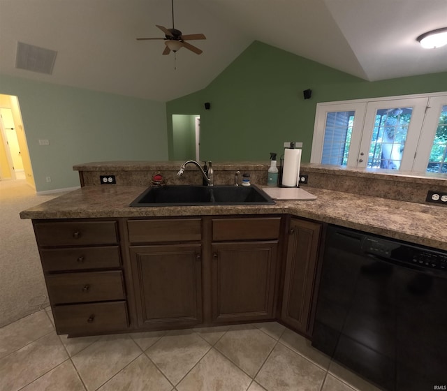 3408 Fox Ct, Evansville, IN 47711 - kitchen with black dishwasher, a sink, vaulted ceiling, a ceiling fan, and light tile patterned flooring