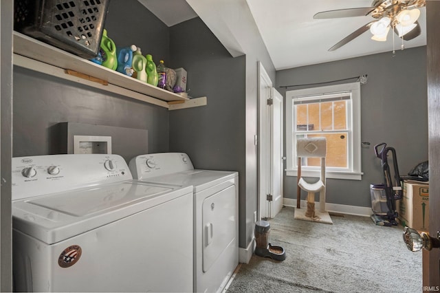 285 N Center St, Waterloo, IN 46793 - laundry room featuring washing machine and clothes dryer, light colored carpet, a ceiling fan, and baseboards