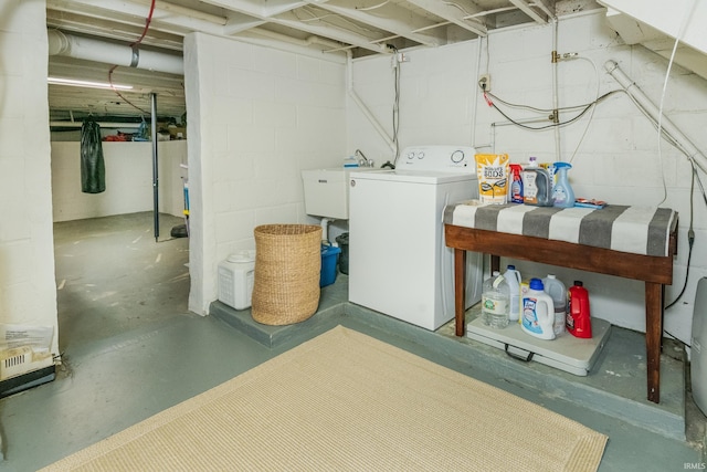5889 E 46th Rd, Bloomington, IN 47408 - unfinished basement with washer / dryer, a sink, and concrete block wall