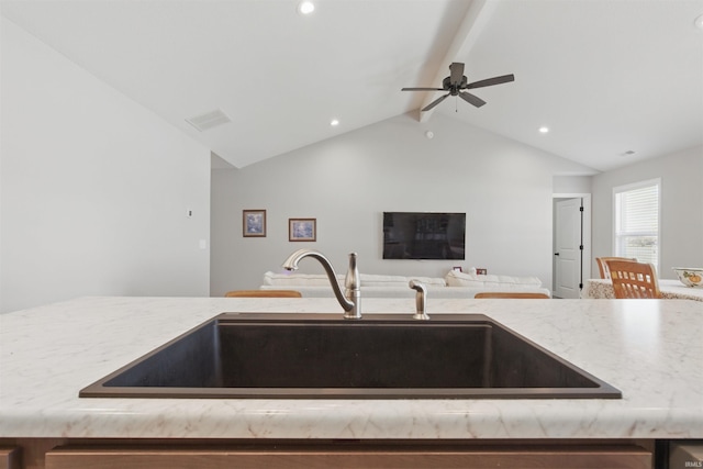 3436 Fawn Creek Blvd, Waterloo, IN 46793 - kitchen featuring a sink, a ceiling fan, open floor plan, and recessed lighting