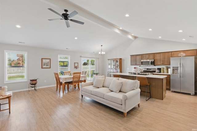 3436 Fawn Creek Blvd, Waterloo, IN 46793 - living area featuring light wood-style floors, ceiling fan, recessed lighting, a chandelier, and baseboards