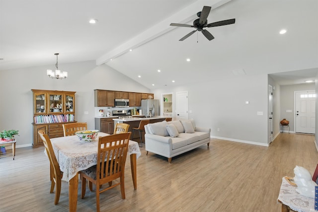 3436 Fawn Creek Blvd, Waterloo, IN 46793 - dining space with beamed ceiling, light wood-type flooring, baseboards, recessed lighting, and ceiling fan
