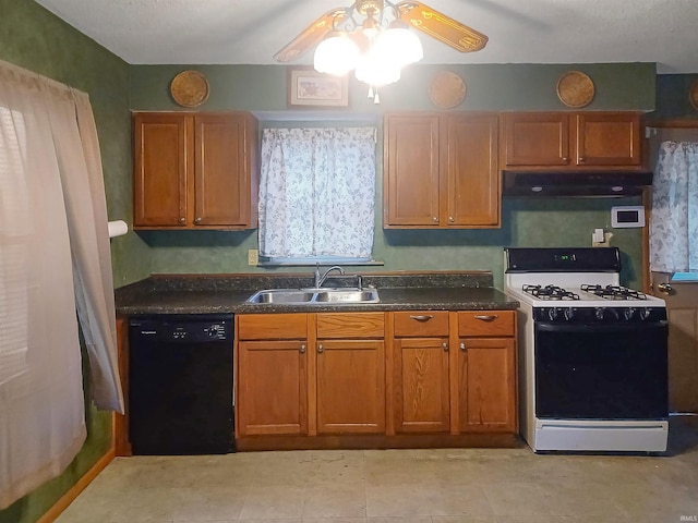 2550 N Kentucky Ave, Evansville, IN 47711 - kitchen with dishwasher, a sink, range with gas stovetop, exhaust hood, and dark countertops