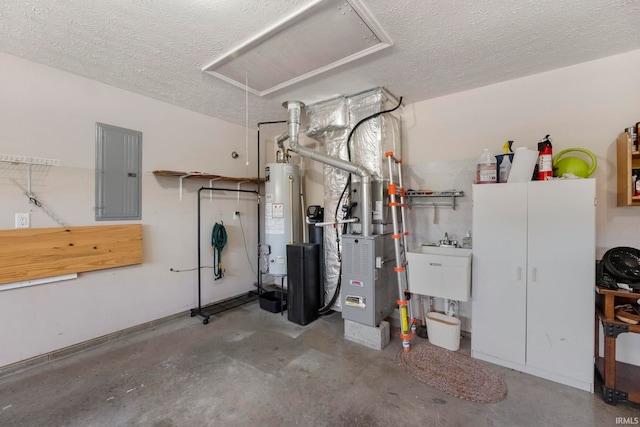 354 Kettle Cir, Lafayette, IN 47905 - garage with electric panel, water heater, a sink, and heating unit
