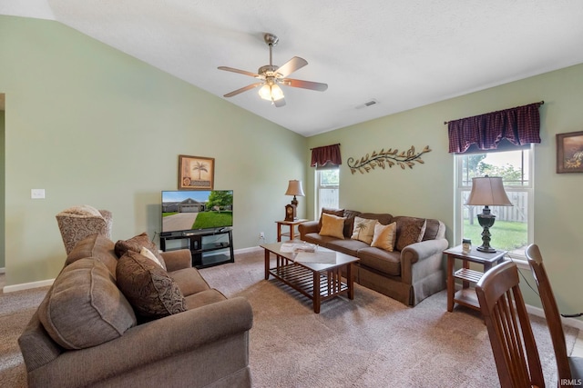 354 Kettle Cir, Lafayette, IN 47905 - living area with light carpet, vaulted ceiling, a ceiling fan, and baseboards