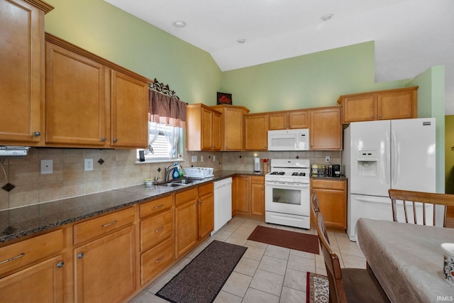 354 Kettle Cir, Lafayette, IN 47905 - kitchen featuring white appliances, backsplash, light tile patterned floors, high vaulted ceiling, and a sink