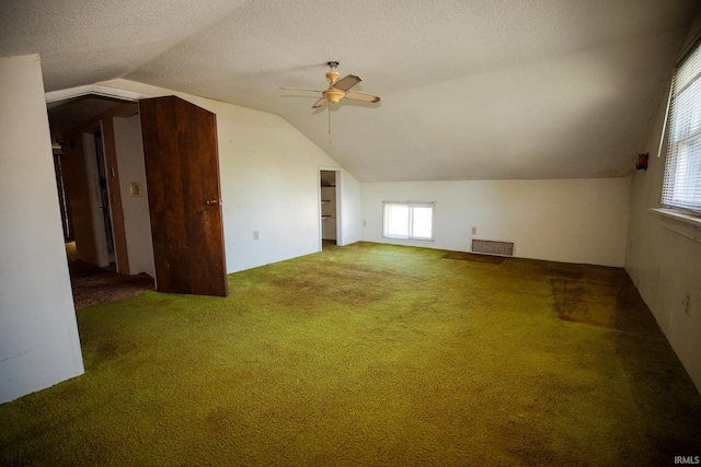 401 S Plymouth St, Culver, IN 46511 - additional living space with lofted ceiling, carpet floors, a ceiling fan, plenty of natural light, and a textured ceiling