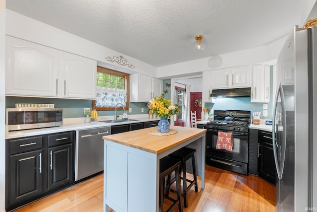 15025 Water Oak Pl, Huntertown, IN 46748 - kitchen featuring appliances with stainless steel finishes, under cabinet range hood, a sink, dark cabinets, and white cabinets