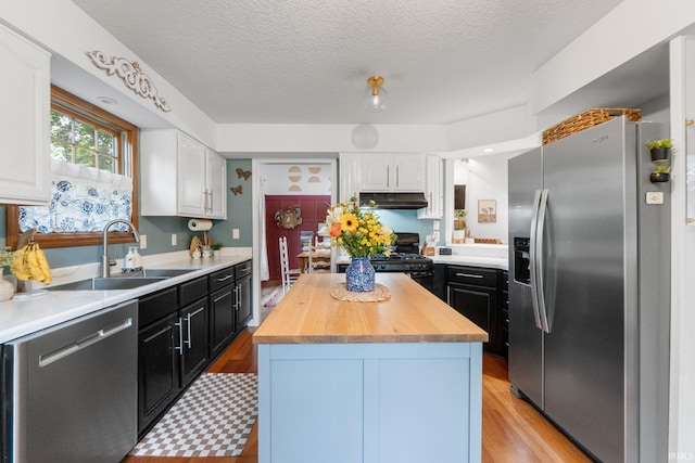 15025 Water Oak Pl, Huntertown, IN 46748 - kitchen featuring appliances with stainless steel finishes, under cabinet range hood, a sink, wooden counters, and white cabinets