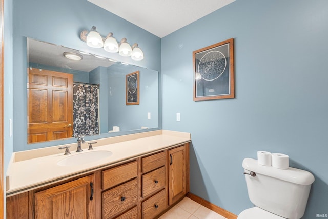 15025 Water Oak Pl, Huntertown, IN 46748 - bathroom with toilet, vanity, tile patterned floors, baseboards, and a shower with curtain